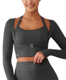 BRXL Long Sleeve Halter Tee for Women with Thumb Hole Cropped Tops Slim Fit Athletic Pilates Workout Gym Shirts Grey