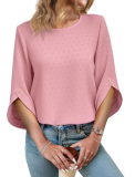 Womens Tops Dressy Casual 3/4 Sleeve Blouses Crew Neck Swiss Dots Shirts Bell Sleeve Summer Tops Trendy Work Shirts Pink S