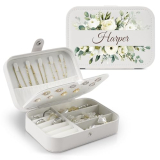 Personalized Jewelry Travel Case – Custom Name & 12 Unique Floral Designs Jewelry Organizer for Women, Ideal Personalized Gifts for Festivals, Bridesmaids, Girls – Compact Travel Jewelry Box. (white)