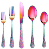 Runfly Vintage Carved Rainbow Stainless Steel 20 Pieces Flatware Set, Colorful Silverware Set, Modern Embossed Cutlery Set Utensils Including Fork Spoon and Knife