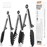 FINENUT Stainless Steel&Silicone Food Tongs Set of 3 (9+9+12 Inch) – BPA-Free&Heat Resistant Non-Scratch BBQ&Cooking Tools,Strong Grip Locking for Grilling,Pasta,Air Fryer,Salad,Dishwasher Safe