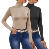 Two Pack Turtleneck Layering Tops Women’s Slim Fit Soft Long Sleeve Undershirt Black,Light Coffee Small