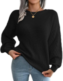 Womens Sweaters Fall – Lightweight Long Sleeve Crewneck Sweater Textured Knit Pullover, Cute Fall Outfits for Women 2025, Black, Small