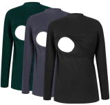 Smallshow Women’s Nursing Tops Crew Neck Long Sleeve Breastfeeding Shirt 3 Packs,Black-Dark Grey-Deep Green,XXL