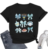 Hanukkah Shirt Women Bow Menorah Candles Hanukkah T-Shirt Jewish Menorah Chanukah Tee Tops Black