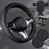 CAR PASS Leather Rubber Steering Wheel Covers Set,Tire Tread Pattern Design,Non-Slip Wear-Resistant,Equipped with Mobile Phone Holder and Non-slip Cup Mat, Suitable for Steering Wheel 14 1/2”-15”Black