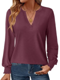 GKBK Womens Long Sleeve Shirts Fall Tops V Neck Business Dressy Casual Blouses with Smocked Cuffs Wine Red