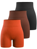 Women’s 3 Piece Workout Shorts Yoga Seamless Ribbed High Waisted Spandex Booty Biker Shorts (Y8SP-B/Br/Brickred L)