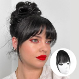 Clip in Bangs Clip on Bangs Human Hair 100% Real Natural Black Fake Bangs Wispy Clip on Air Bangs for Women Fringe with Temples Hairpieces Curved Bangs for Daily Wear