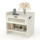 Rattan Nightstand, Bedside Table, Night Stand with Type-C Charging Station, 1 Storage Drawer, and Open Storage Space, Suitable for Bedroom, Office, or Living Room as a End Table, Side Tables