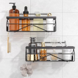 PIMVANS Adhesive Stainless Steel Shower Caddy Shelf Organizer – Renter-Friendly Bathroom Storage (Matte Black 2PCS)