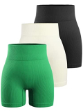 Women’s 3 Piece Workout Shorts Yoga Seamless Ribbed High Waisted Spandex Booty Biker Shorts (Y8SP-B/W/Green M)