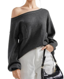 SUUKSESS Women Off The Shoulder Fall Sweaters Boat Neck Long Sleeve Going Out Fall Tops Oversized Trendy Pullover Sweater (Dark Gray, M)