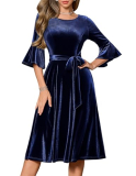 Womens Navy Cocktail Dresses Long Sleeve Velvet Christmas Party Fall Winter Vintage Formal Holiday Dress A-Line Funeral Dress Velvet-Navy XL