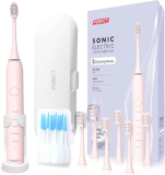 PERECT Ultrasonic Electric Toothbrush with 6 Brush Heads, 5 Modes Electric Toothbrush, Travel Rechargeable Power Toothbrush for Adults with Smart Timer &Travel Case & Soft Picks, IPX7 Waterproof, Pink