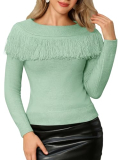 WLLW Fall Sweaters for Women 2025 Fringe Boat Neck Long Sleeve Knit Tops Cozy Winter Fashion Clothing Pea Green S