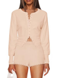 Tankaneo Womens 2 Piece Sweater Sets Casual Fall Outfits Button Down Long Puff Sleeve Knit Cardigan Shorts Loungewear Pink Beige