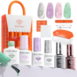 Modelones Spring Gel Nail Polish Kit with U V Light, Clear Cat Eye Jelly Pink Purple Green Manicure Set with Base Top Coat Lucky Gems Stickers 4 Colors Gel Mini Salon Nail Art Starter Gift for Women