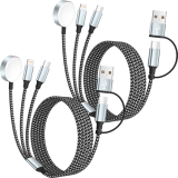 Travel Essentials, 3 in 2 UB A/USB C Cable for Apple iWatch Charger, Multi iPhone Charging Cable/Cord for All Devices for iWatch Ultra/SE/10-1, iPhone16 15 14, Android, iPads, More (2Packs 5FT)