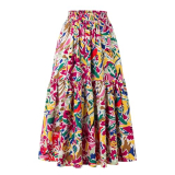 Ladies’ High Waist Skirt with Elastic Waist and Pockets in Spring Summer and Autumn Wine-red