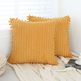 Oirpro Yellow Pillow Covers 18×18 inch with Pom-poms Set of 2 Corduroy Farmhouse Boho Accent Decorative Throw Pillow Covers for Couch Bed Sofa