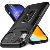 HakkTaoo Case for iPhone 13/iPhone 14 6.1-Inch Slide Camera Cover+Screen Protector(2 Packs), Military Grade Shockproof Protective Cover, Rotated Ring Kickstand with Camera Protection (Black)