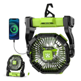 Battery Powered Fan -Lash Fans with Led Lantern, Portable Rechargeable, Battery Operated for Mobile Phone, Hook 4 Speed Quiet Personal for Desk Fan, Travel, Fishing, Power Outage, Hurricane-Green