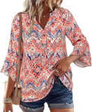 LOOKBOHO Womens Tops 3/4 Sleeve Dressy Casual Floral Blouses Button V-Neck Business Tops Boho Shirts Red&Navy L