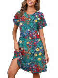 Heymoments Women Short Sleeve Dress Floral Print X-Large Plus Size Crewneck Casual Flowy Below Knee Length Sundress Comfortable Shirt Work Summer Vacation Cheap Boho Dresses with Pockets