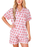 HMPEAIIY Women Y2k Pajamas Set Cute Preppy 2PCS Button Down Holiday Monkey Shorts Summer Outfit Beach Vacation Loungewear Pjs Sleepover Party Birthday Gift(Pink Monkey & Green Heart, Small)