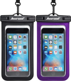 Hiearcool Universal Waterproof Phone Pouch Compatible for iPhone 17 16 15 14 13 Pro Max Plus Up to 8.3″, IPX8 Beach Travel Essentials-Black&Purple-2Pack