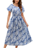 Gardenwed Women’s Vintage Midi Dress, Puff Sleeve Smocked Waist Button Front A-Line Casual Summer Sundress with Pockets