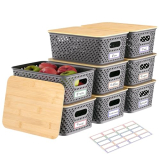 Anysig 8 Packs Plastic Storage Bins with Bamboo Lids – Stackable Storage Bins Decorative Small Basket Containers for Organizing Shelves Office Classroom Desktop Closet, Grey
