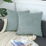 sykting Grey Blue Throw Pillow Covers 18×18 inch Soft Striped Boho Farmhouse Decorative Pillow Covers with Pom Poms for Couch Sofa Bed Chair Outdoor Pack of 2