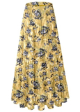 NiPaMi Women’s Chiffon White Flowy Maxi Skirt Boho Fall Elastic Waisted Pleated A Line Long Skirts for Women 2025(Earthy Yellow Blue flower-48,S)
