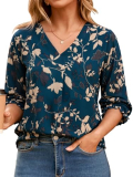 Simplee Womens Dressy Long Sleeve Blouses Fall Floral Lightweight Pullover Loose Fit V Neck Casual Business Work Top Shirt (Teal Floral XL)