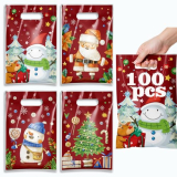 TESKEUP Christmas Gift Bags with Handles – 100 Pcs Christmas Treat Goodie Bags, Plastic Small Xmas Favor Bags Bulk for Candy Cookies Snacks Xmas Holiday Party Favors Supplies