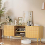 58” Fluted TV Stand, Mid-Century Modern TV Console for 65/70/75 Inch TV, Wood Entertainment Center with Storage, Sliding Doors, Adjustable Shelves and Media Console for Living Room, Bedroom, Natural