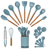 Silicone Kitchen Utensils Set & Holder: Cooking Utensils Set – Kitchen Essentials for New Home & 1st Apartment- Silicone Spatula Set, Cooking Spoons for Nonstick Cookware (Acacia Wood, Blue)