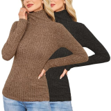 Womens Fall Fashion 2025 Comfy Brown Lightweight Sweater 2 Pack Long Sleeve Ribbed Knit Turtleneck Tops Elastic Going Out Blouses Black, Coffee Small