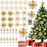 59Pcs Christmas Tree Decorations Set, Assorted Bling-Bling Hanging Ornaments Bulk with Glitter Snowflakes, Artificial Poinsettia Flowers, Berry Stems for Xmas Holiday Home Wedding Party Decor (Gold)